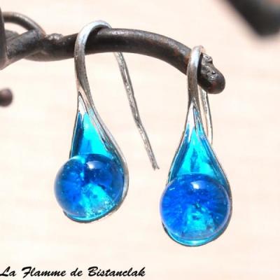 Boucles d oreilles perles de verre file turquoise transparent modele cuillere 1