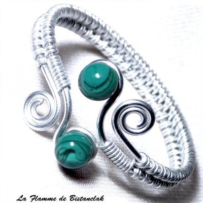 bracelet artisanal perles de verre vert bleu canard & spirales argentées 1