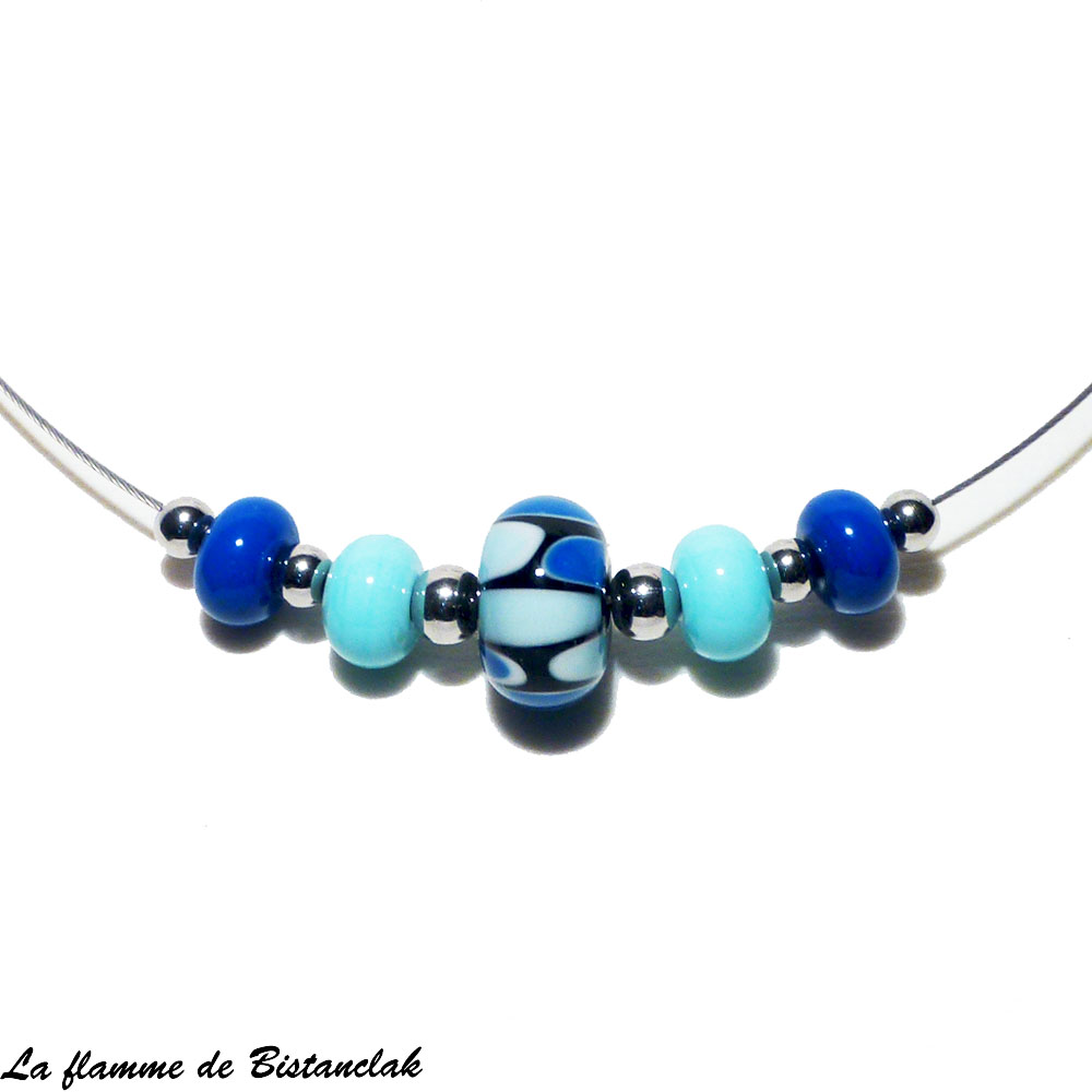 Collier ras-du-cou perles de verre bleu collection écaille