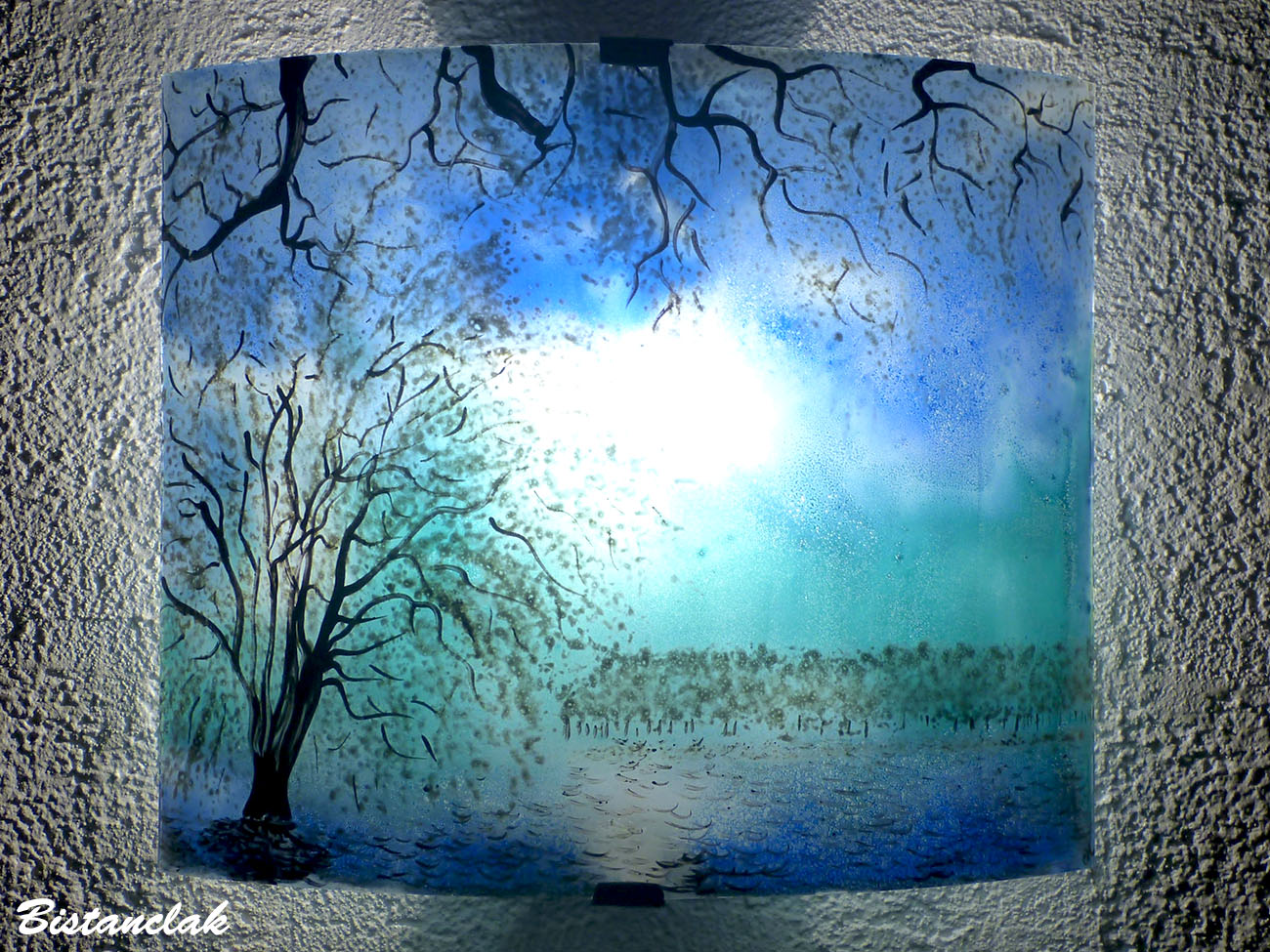 Applique bleu et turquoise motif paysage de cerisiers blancs vendue en ligne