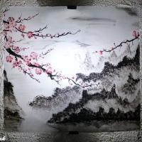 Applique luminaire motif paysage de montagne et fleurs de cerisiers du japon