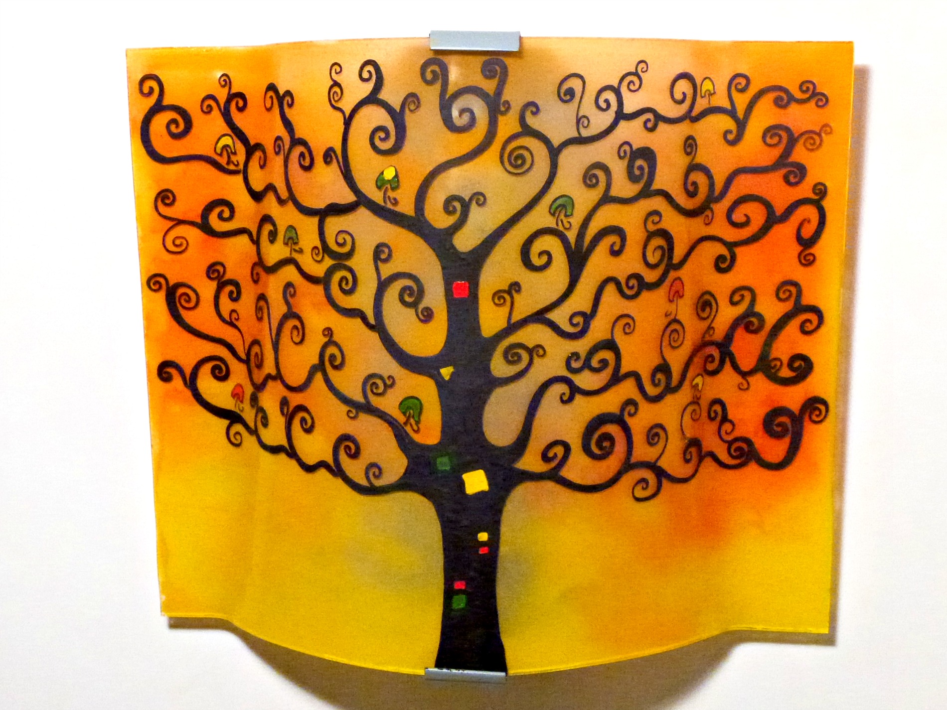 Applique murale artisanale motif arbre de vie jaune et orange