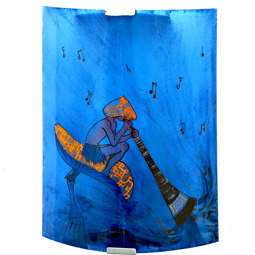 Applique murale fantaisie bleu et orange motif lutin joueur de didjeridoo sur un chamipgnon geant 2 