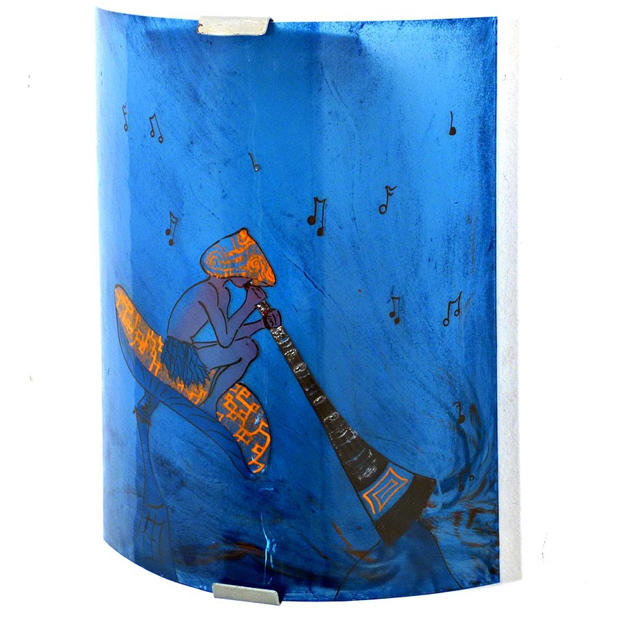 Applique murale fantaisie bleu et orange motif lutin joueur de didjeridoo sur un chamipgnon geant 3 