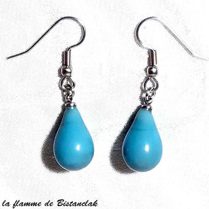 Bijou d oreilles artisanales goutte de verre bleu turquoise creation artisanale
