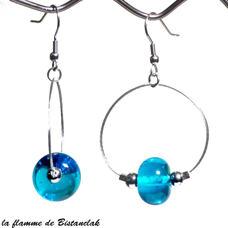 Boucles creoles et perles de verre turquoise transparent