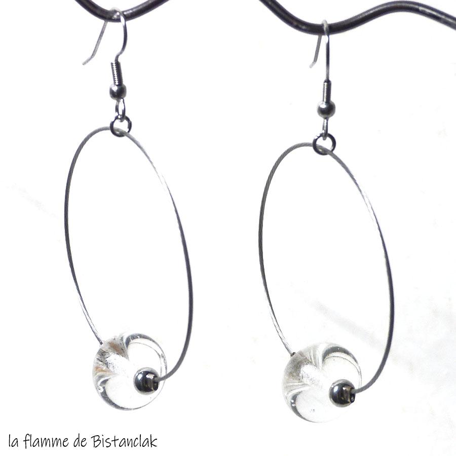 Boucles d oreille creole et perle de verre file transparentes