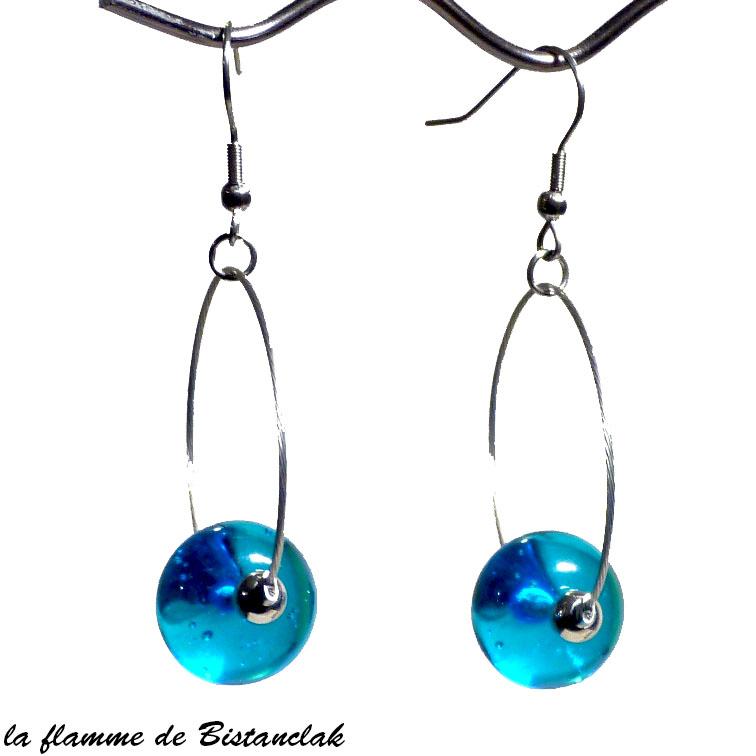 Boucles d oreilles creoles et perle de verre turquoise bijou artisanal par bistanclak