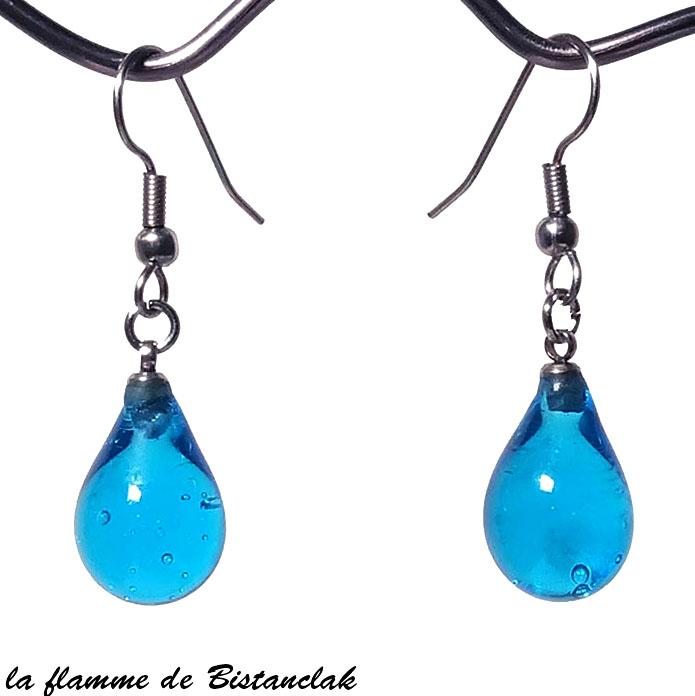Boucles d oreilles goutte de verre filé bleu turquoise transparent bijoux artisanaux par bistanclak