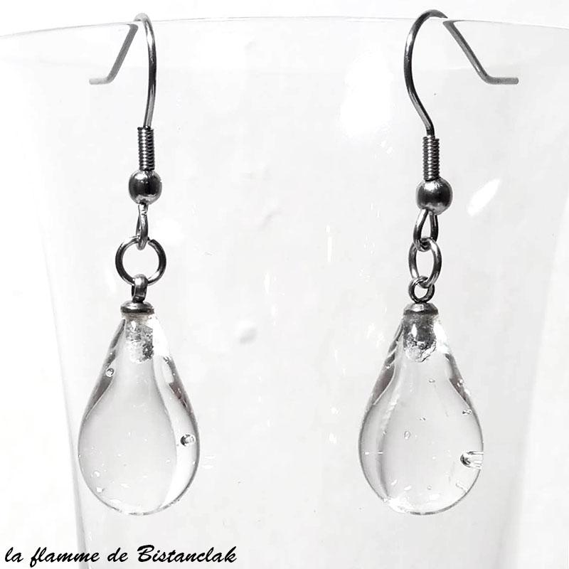 Boucles d oreilles goutte de verre file transparente fabrication artisanale francaise par bistanclak