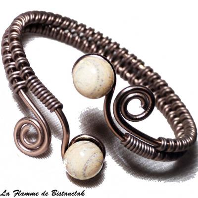 Bracelet artisanal perles de verre ivoire craquele gris et spirale chocolat