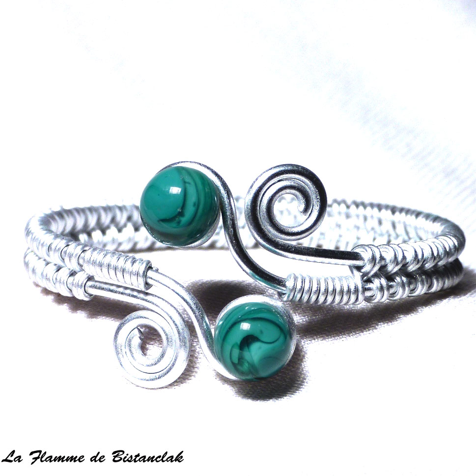 Bracelet artisanal perles de verre vert bleu canard spirales argentees 3