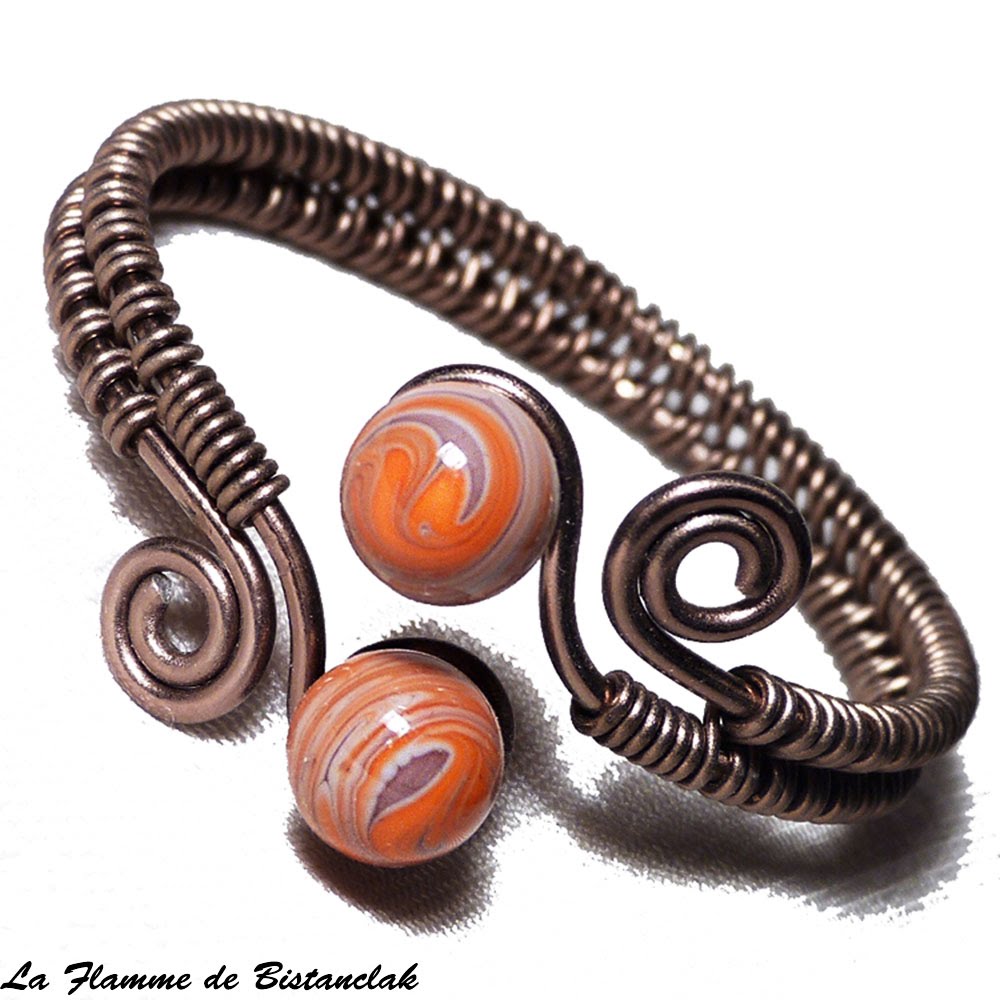 Bracelet artisanal spirale chocolat perles de verre violet et orange chamarre 2 