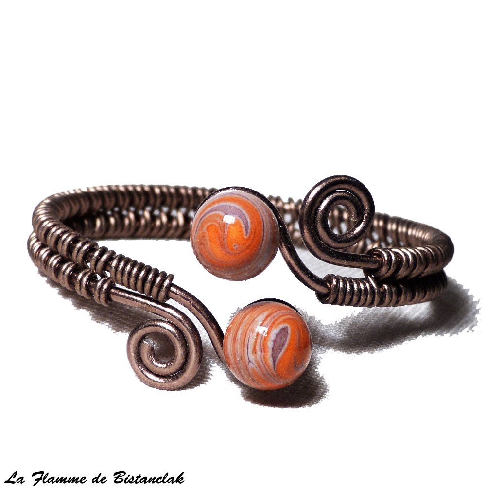 Bracelet artisanal spirale chocolat perles de verre violet et orange chamarre 4 