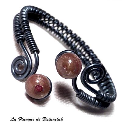 Bracelet spirale & perles de verre pailleté cuivre