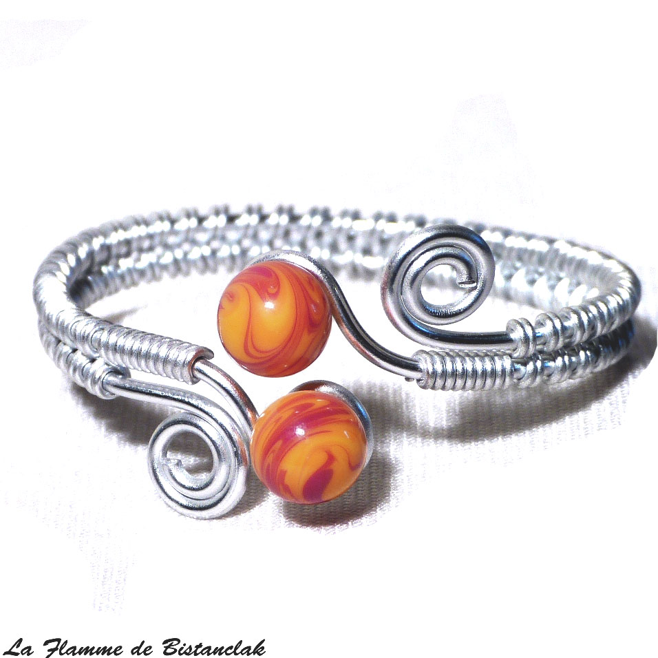 Bracelet spirale argente perles de verre jaune et rouge chamarre 2 