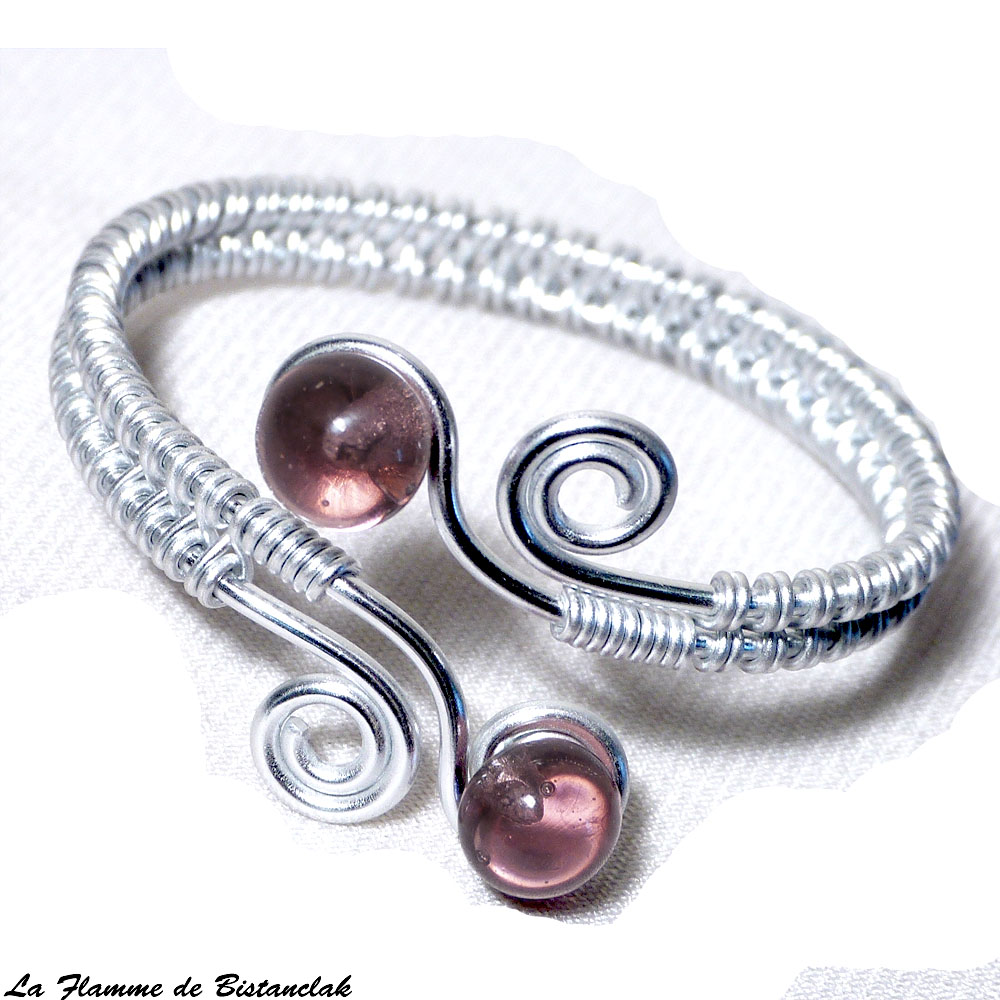 Bracelet spirale argente perles de verre rose transparente 1