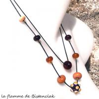collier double-rang de perles de verre filé couleur topaze, brun et cuivre