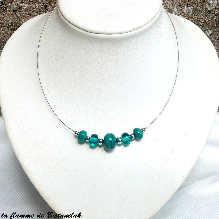 Collier artisanal perles de verre bleu vert canard