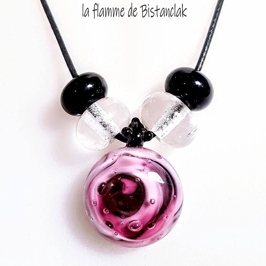 Collier perles de verre file et cabochon rose et noir