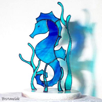 Decoration vitrail hippocampe bleu