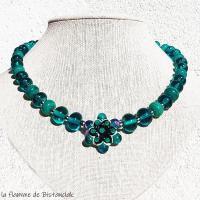 Gros collier en perles de verre file bleu canard et vert petrole 2