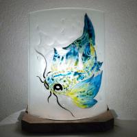 Lampe décorative en verre motif poisson carpe jaune et bleu