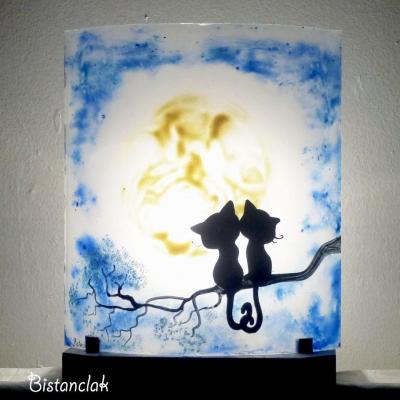 Lampe decorative artisanale bleu motif chat sous la lune