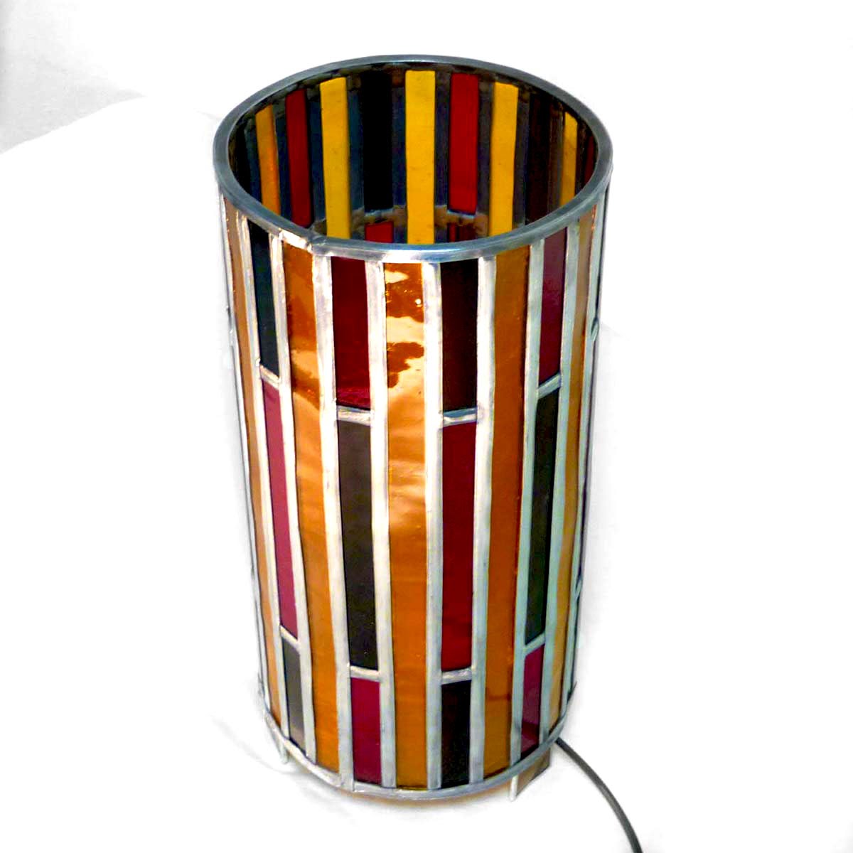 Lampe vitrail forme cylindre rouge ambre et brun